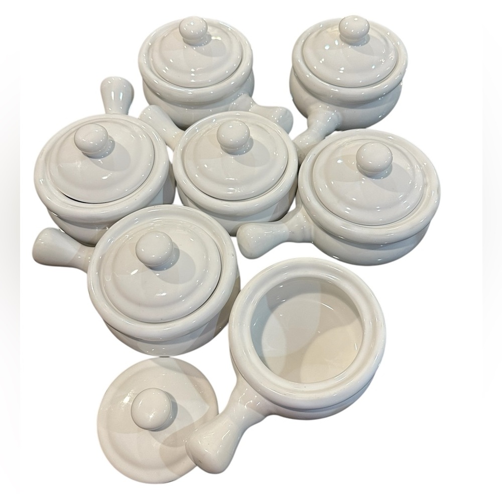 🦋7 Small White Cookware French Onion Chili Bowls With Handle Soup Bowl